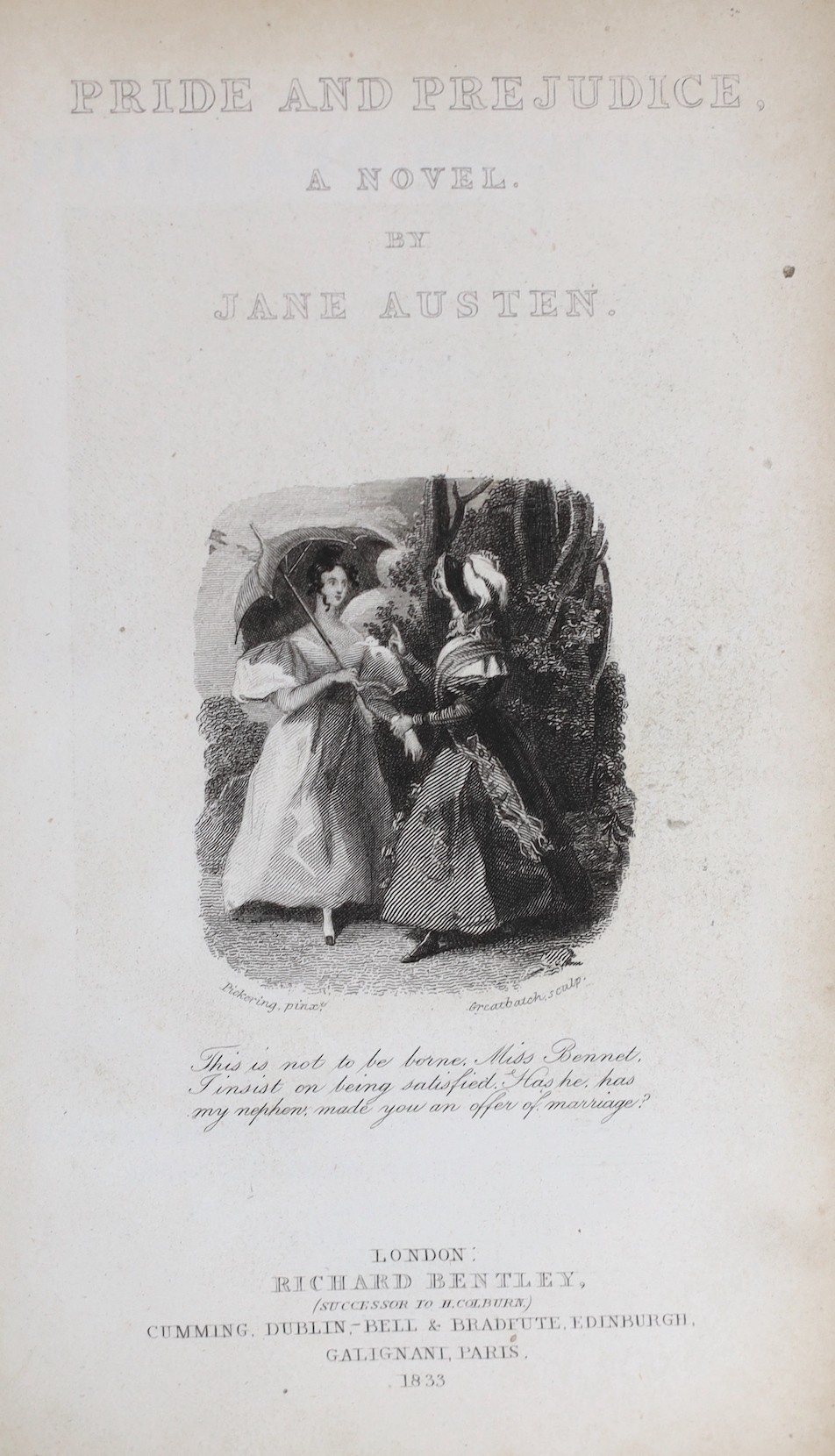 Austen, Jane - Pride and Prejudice. A Novel. First Collected Edition. pictorial engraved and printed titles, frontis; mid 19th century half calf and marbled boards, panelled spine with black label